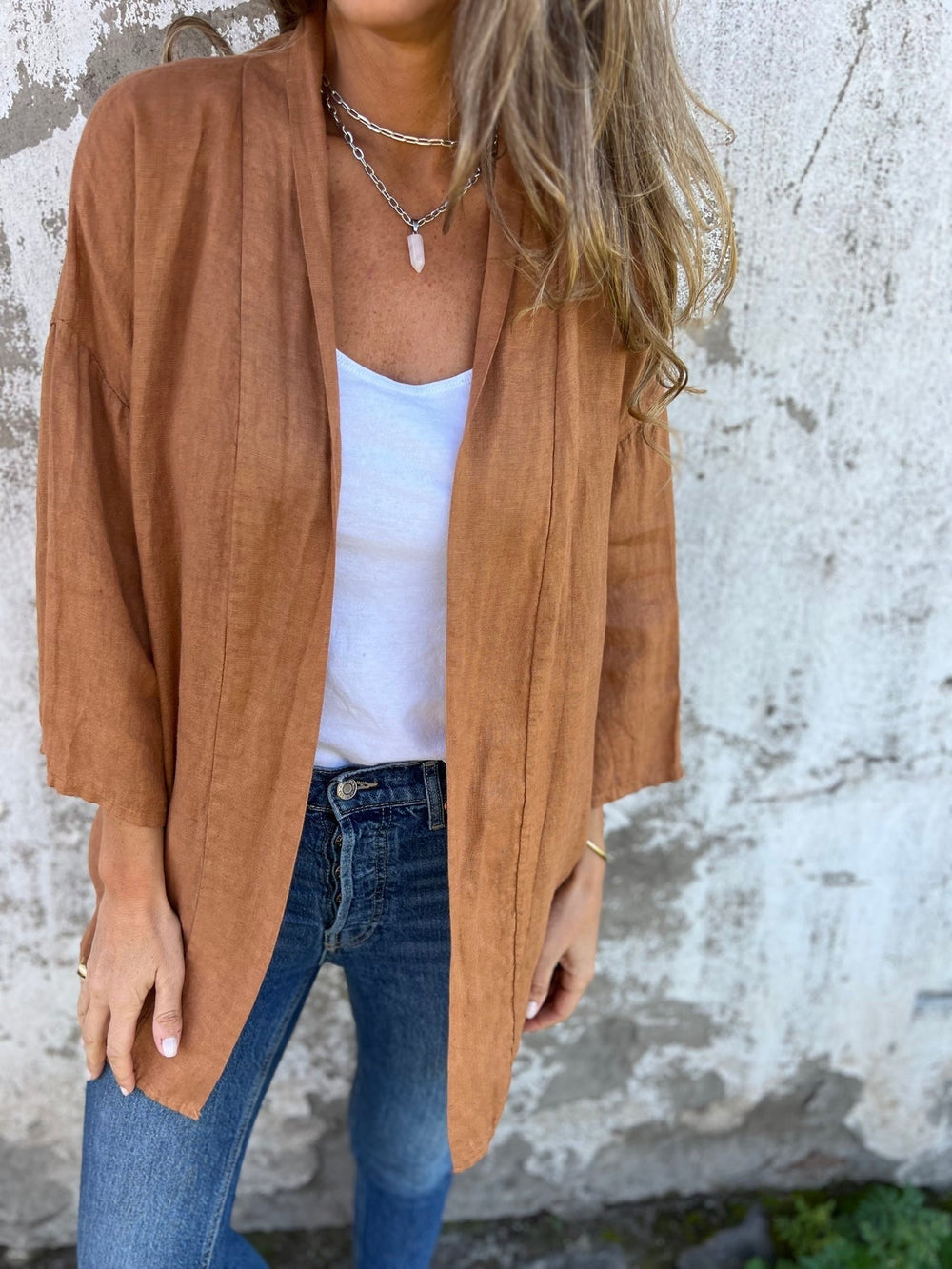Leinen Strickjacke mat Rüschen