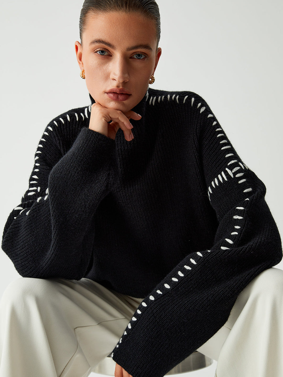 Alma | Oversize-Dolcevita-Pullover mam Piqué-Detailer