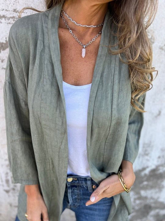Leinen Strickjacke mat Rüschen