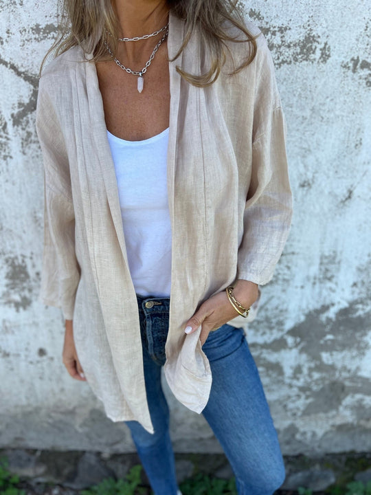 Leinen Strickjacke mat Rüschen