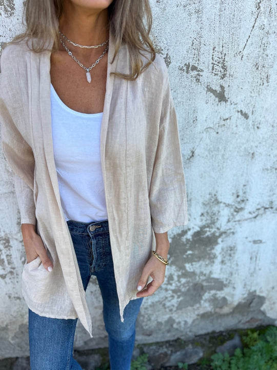 Leinen Strickjacke mat Rüschen