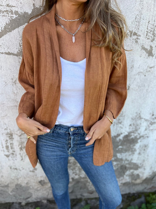 Leinen Strickjacke mat Rüschen