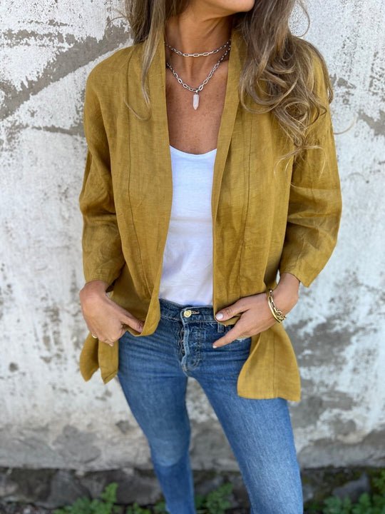 Leinen Strickjacke mat Rüschen