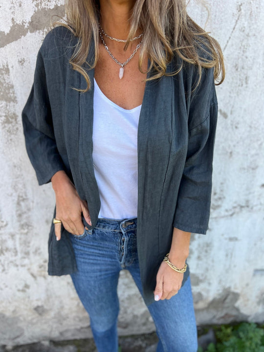 Leinen Strickjacke mat Rüschen